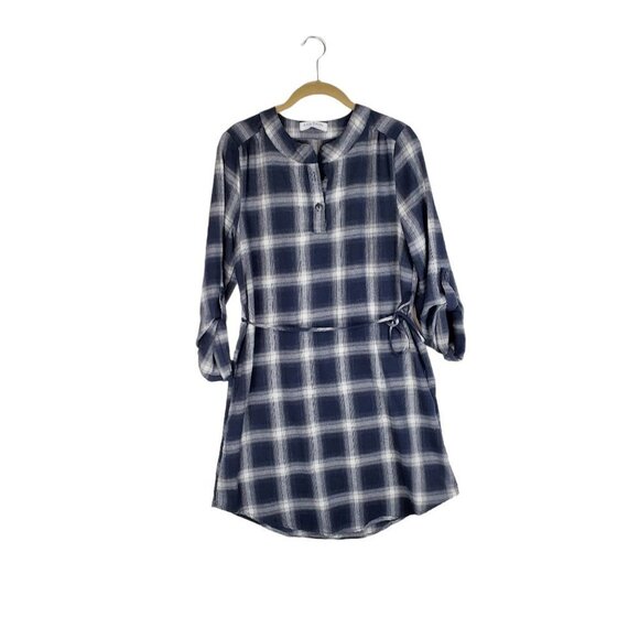 Kate Kasin Flannel Tunic Popover Shirt Dress Blue Gray Plaid Womens Size Small - Picture 1 of 6